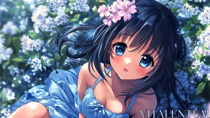 Anime Girl Surrounded by Blossoming Flowers AI Image