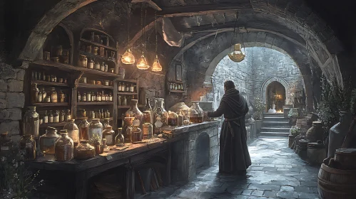 Vintage Alchemist in Stone Chamber