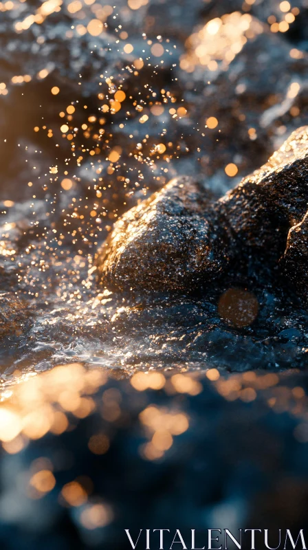 Golden Light on Splashing Water and Rocks