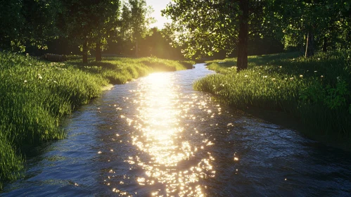 Sunlit River Surrounded by Greenery