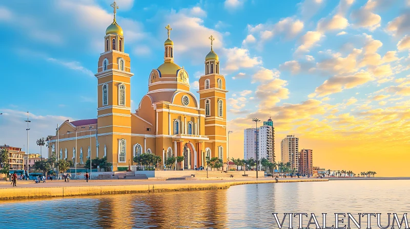 Golden Church at Sunset over Water