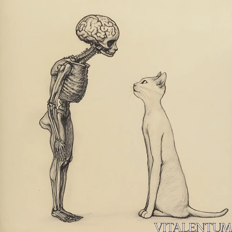 Monochrome Drawing of Skeleton and Cat