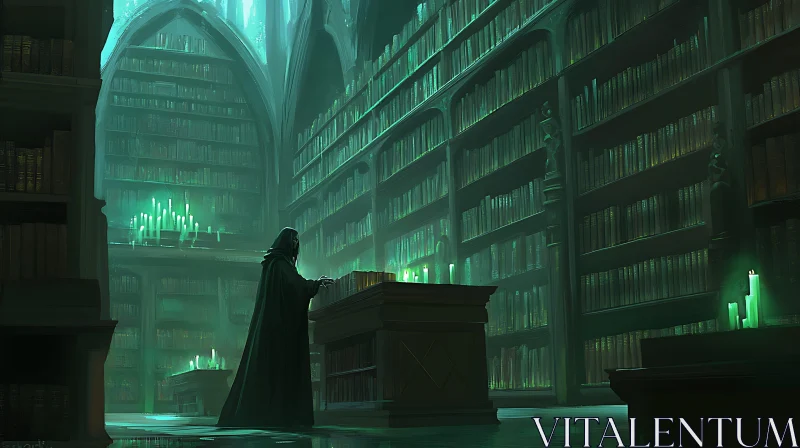 Gothic Library with Cloaked Figure
