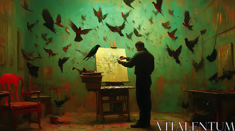 Birds in Studio: An Artist's Creative Flight AI Image