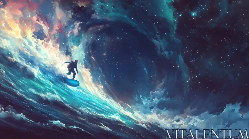 Surreal Surfer on a Starry Wave