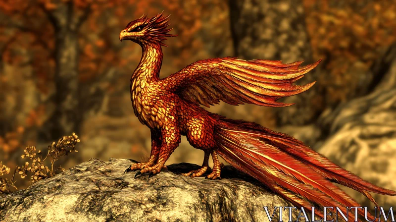 Fiery Phoenix Perched on Stone