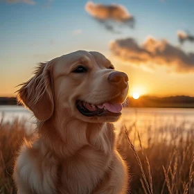 Golden Retriever Basking in Sunset Glow