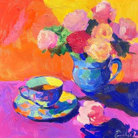 Roses and Tea Cup Still Life Painting
