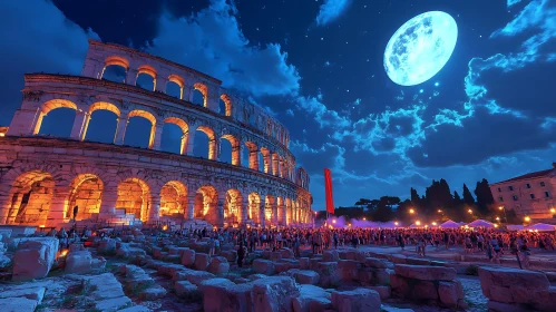Roman Colosseum at Night with Moon