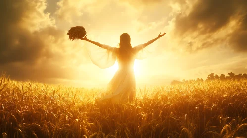 Woman in Wheat Field at Sunrise