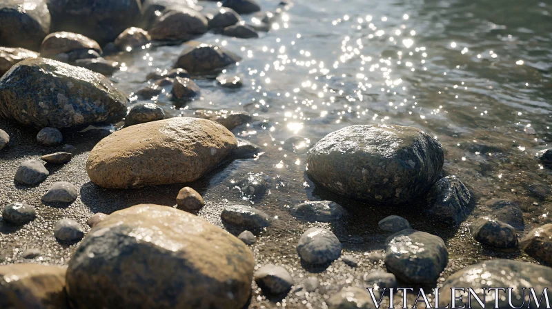 Peaceful Lakeside Scene with Wet Stones