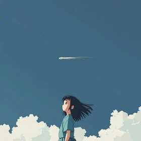Serene Anime Scene with Girl and Rocket
