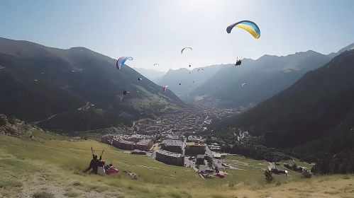 Aerial View of Paragliders in Mountainous Landscape