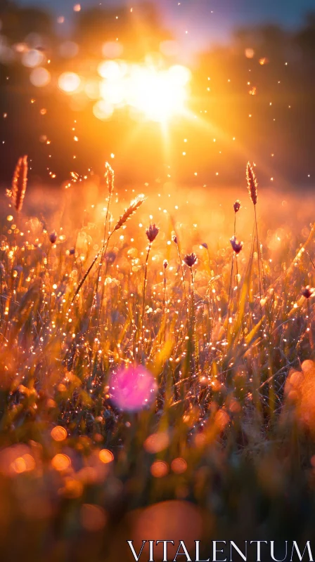 Grassy Field Illuminated by Setting Sun