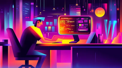 Programmer in Neon Cyberpunk Office