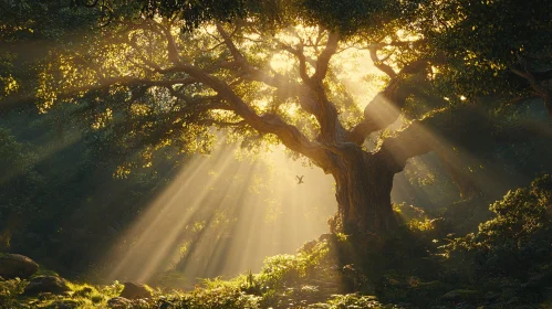 Sunlight Streaming Through Forest with Majestic Tree