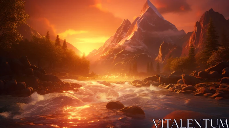 Enchanting Mountain Landscape with Waterfall in Sunset AI Image
