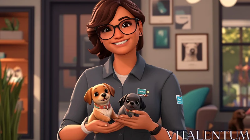 Woman Smiling with Puppies Indoors