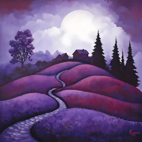 Moonlit Purple Landscape Painting