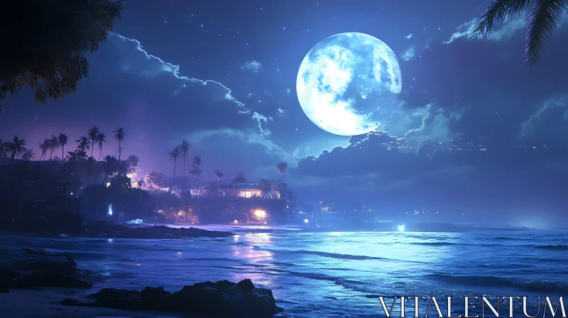 Nighttime Beach with Full Moon