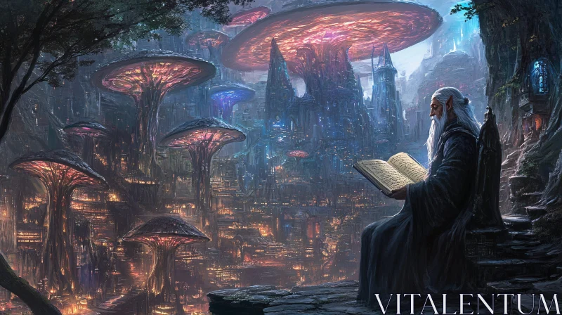 Enchanting Wizard in Mushroom City AI Image