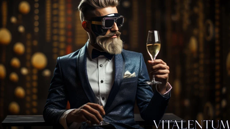 Man in Sunglasses with Champagne: A Futuristic Glam Image AI Image