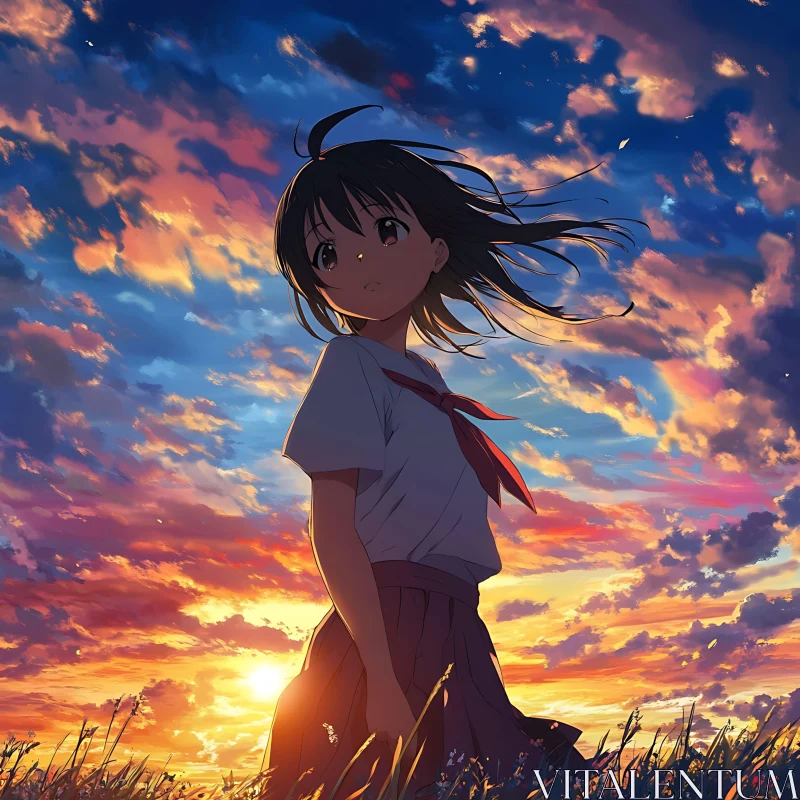 Anime Sunset Scene with Girl AI Image