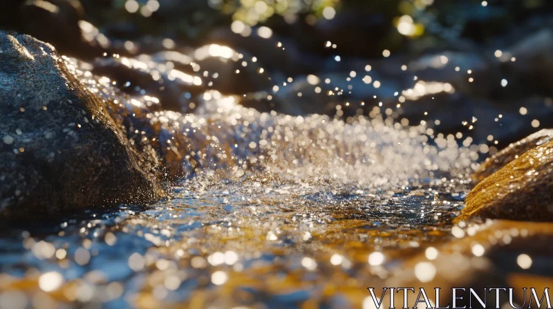 Sunlit Waterfall Over Rocks with Bokeh Effect AI Image