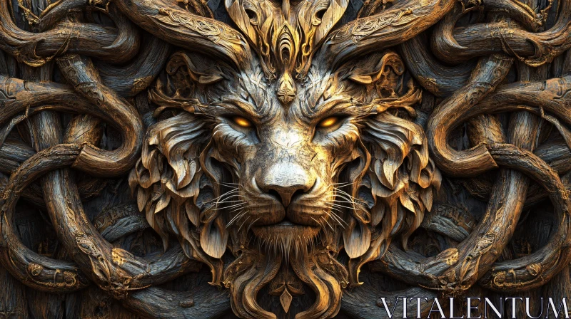 Intricate Wood Lion Sculpture AI Image