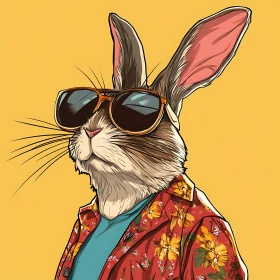 Rabbit in Floral Shirt Cartoon Illustration