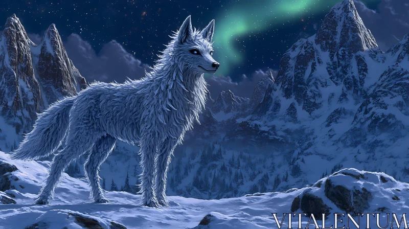 Arctic Wolf Under Northern Lights Scene AI Image