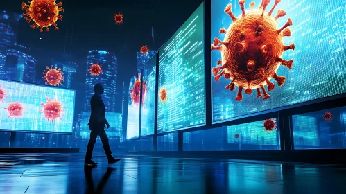 Man Walks Past Virus Screens