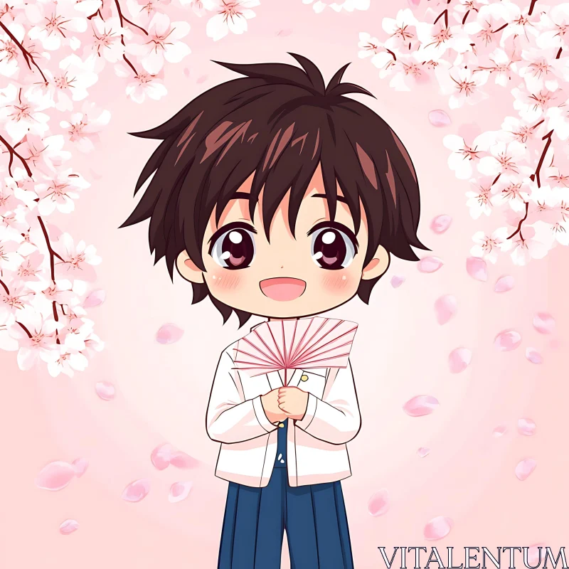 Kawaii Anime Character with Cherry Blossoms AI Image