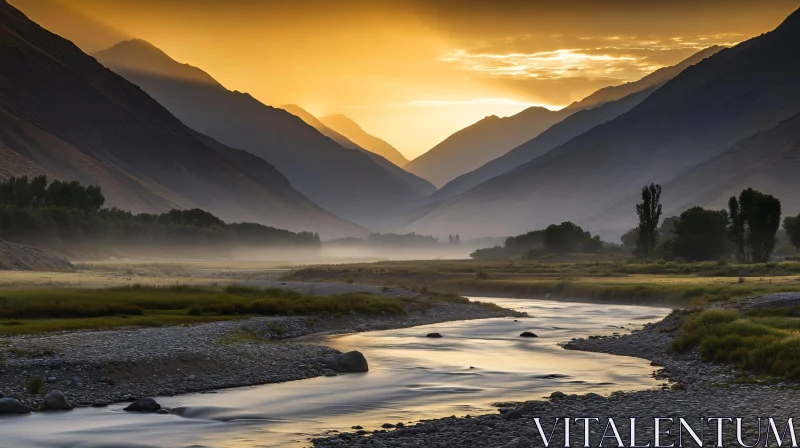 AI ART Tranquil River at Sunset with Mountain Views