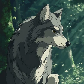 Grey Wolf Portrait in Green Forest