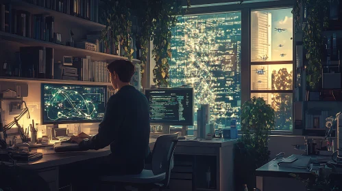 Cyberpunk Office Coding Scene