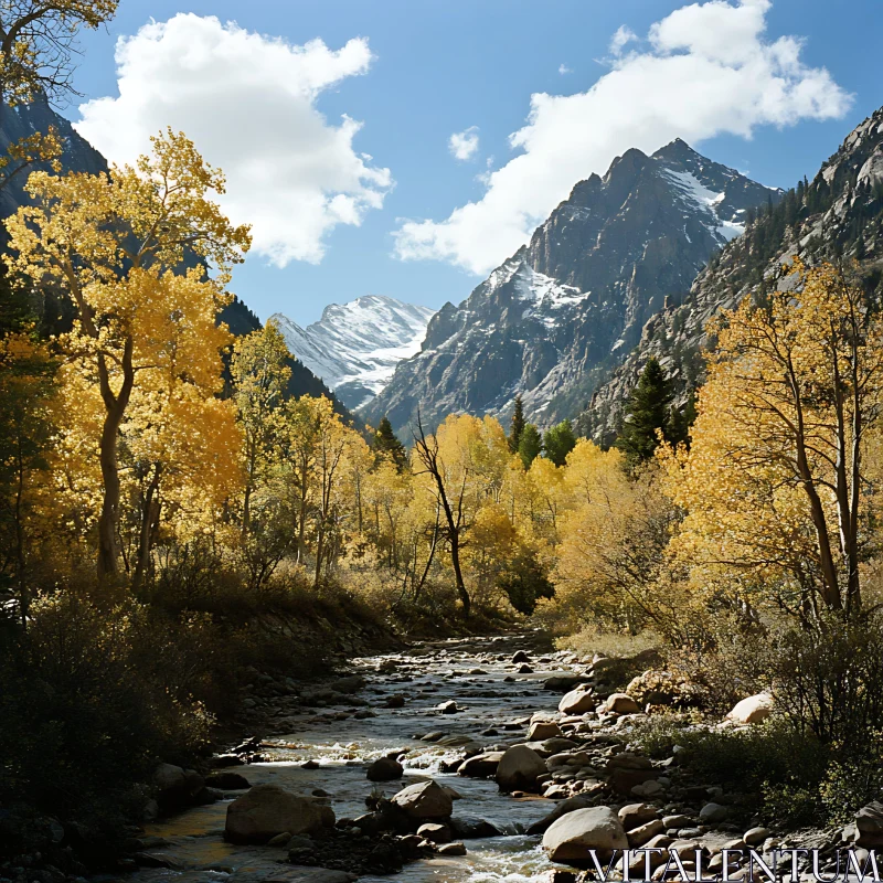 AI ART Golden Trees by Mountain Stream