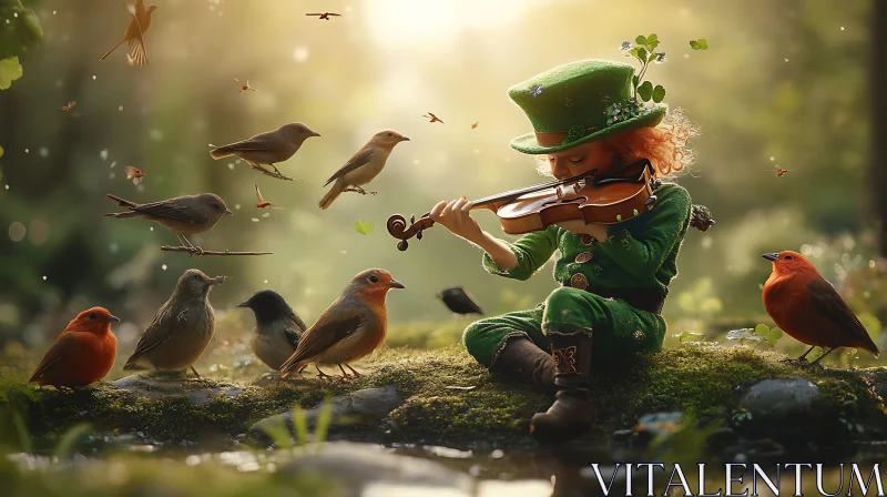 AI ART Leprechaun's Serenade: A Musical Forest Scene