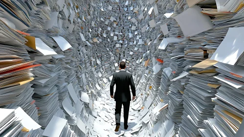 Man Walks Through Paperwork Labyrinth