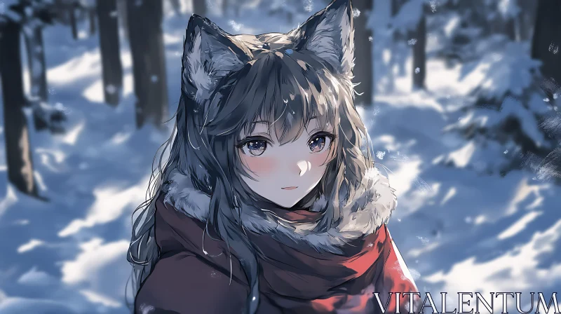 Wolf-Eared Anime Girl in Winter Wonderland AI Image