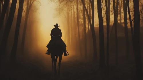 Lone Rider in a Misty Woodland