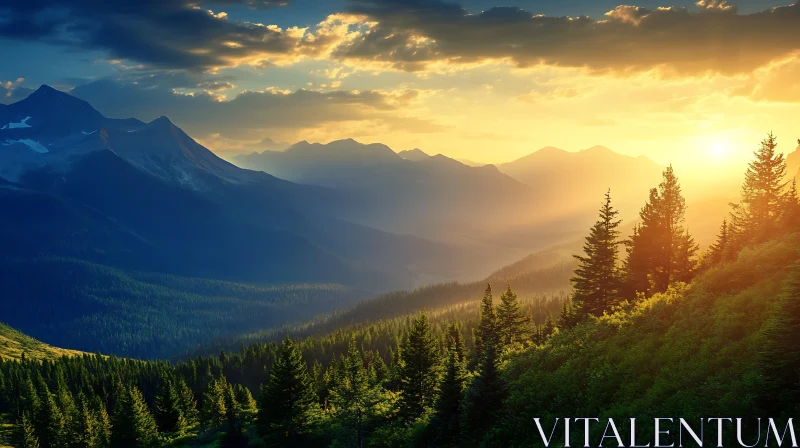 Sunlit Forest and Mountain View AI Image