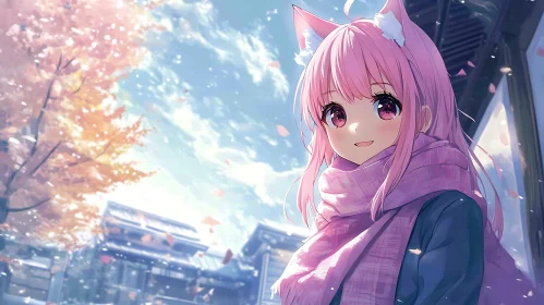 Autumn Anime Girl with Cat Ears and Scarf