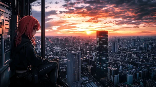 Sunset Urban View with Anime Character