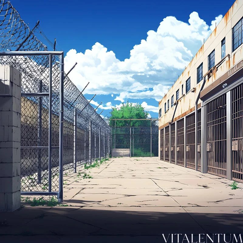 Deserted Institutional Complex with Chain-Link Fences AI Image