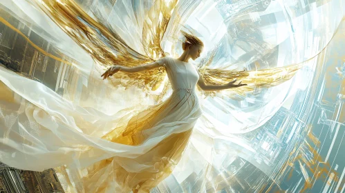 Heavenly Angel in Graceful Flight with Golden Wings