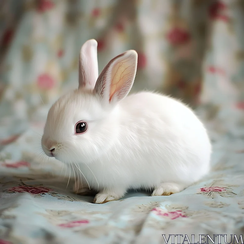 Fluffy Bunny on Floral Fabric AI Image