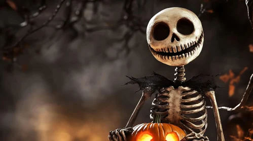 Grinning Skeleton Holding a Pumpkin