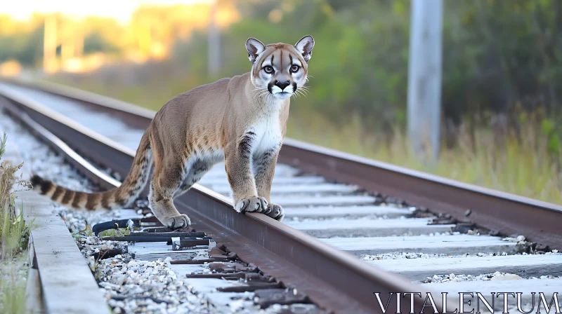 Mountain Lion on Train Tracks Photo AI Image