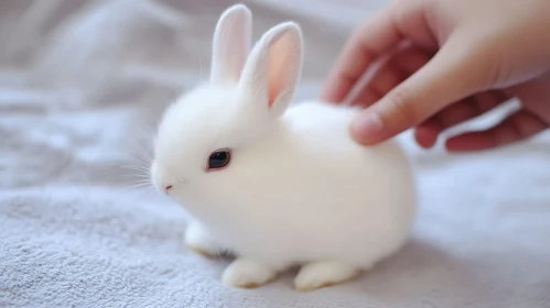 Fluffy White Rabbit with Caring Hand